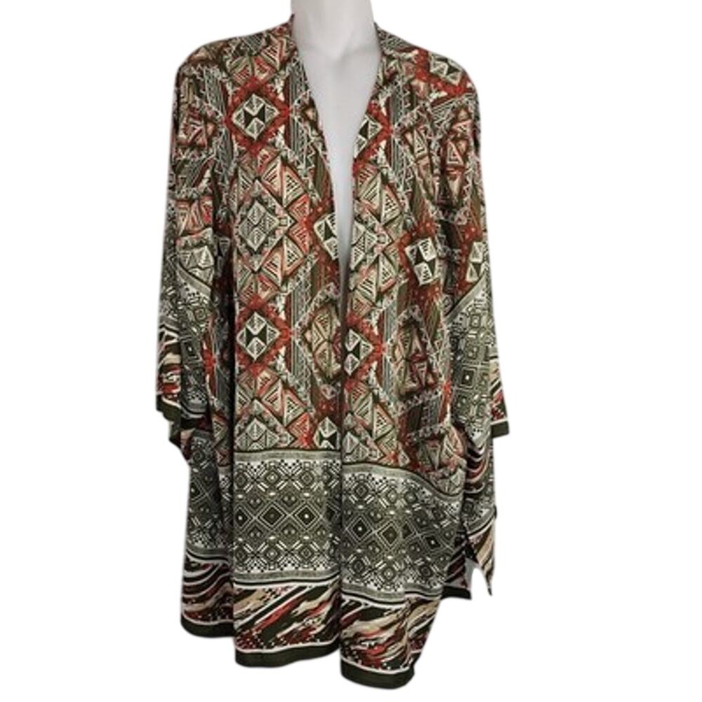 Catherines Cardigan Kimono 3XWP 26/28W Open Front Geometric Boho Tribal Light